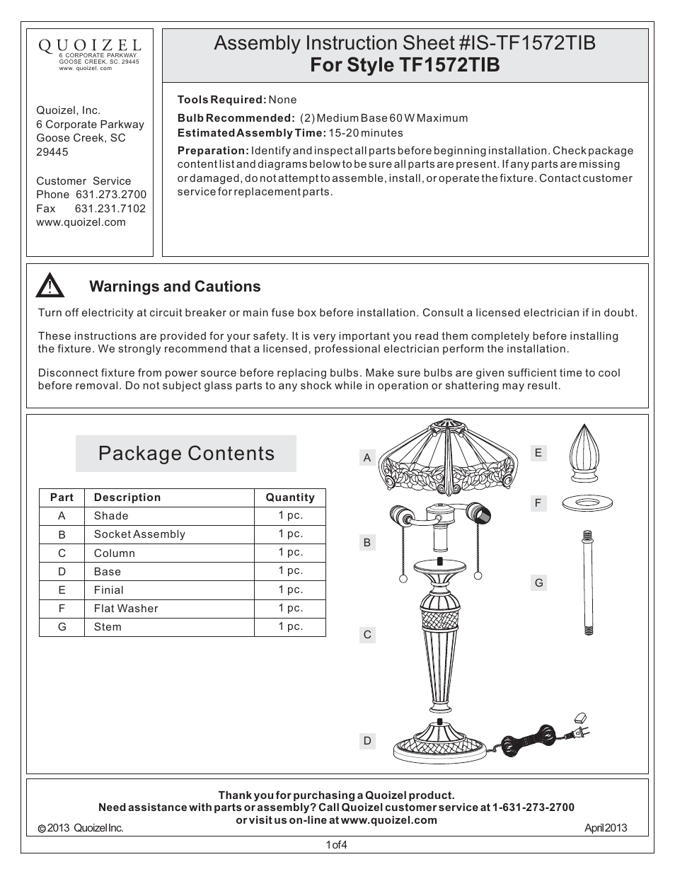 Quoizel TF1572TIB Tiffany User Manual | 4 pages