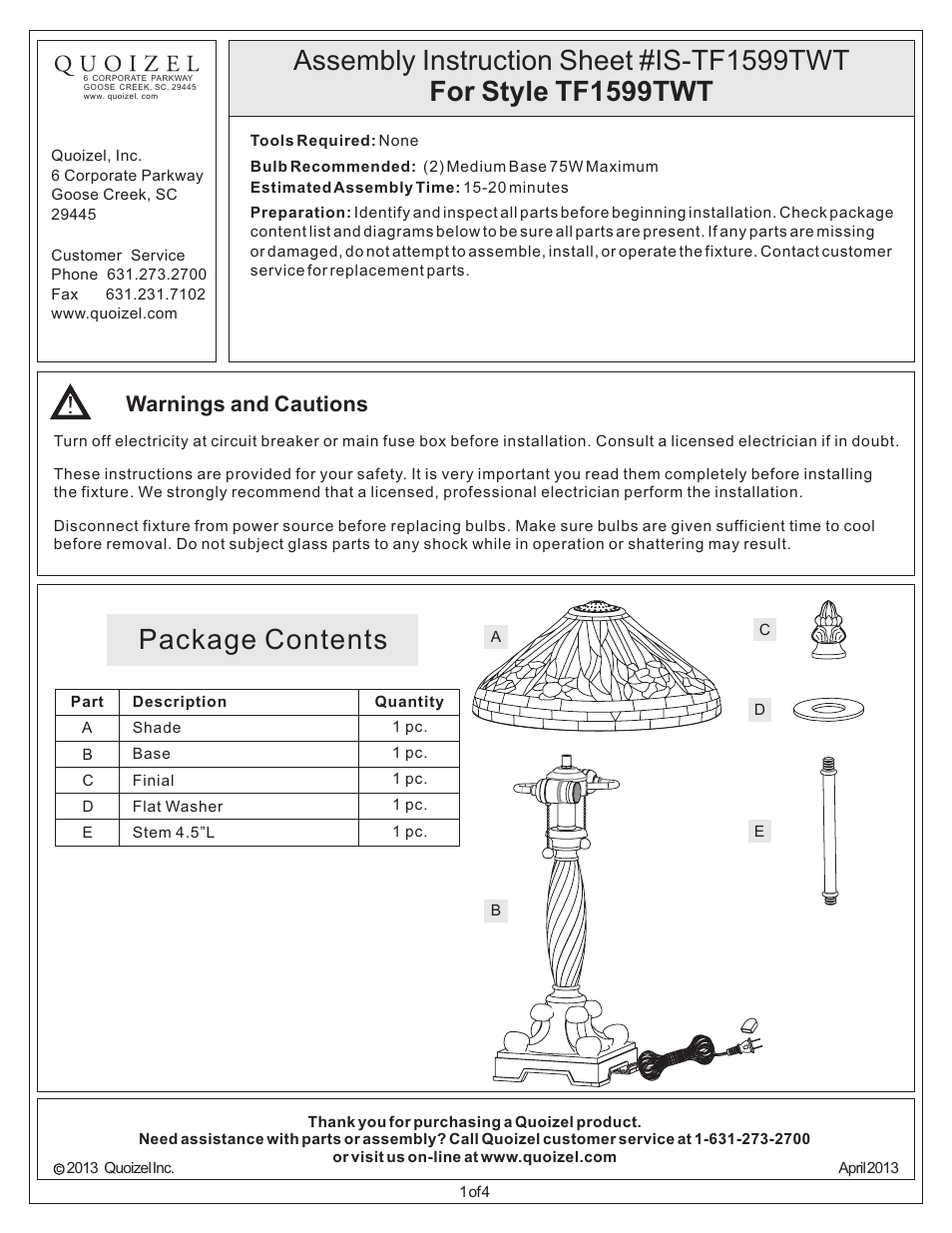 Quoizel TF1599TWT Tiffany User Manual | 4 pages