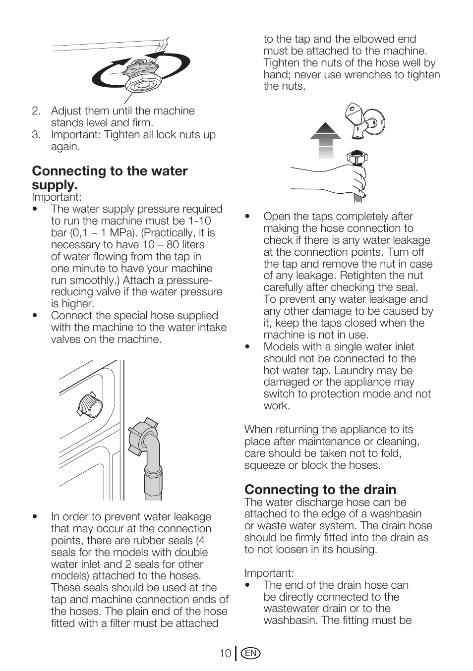 Connecting to the water supply, Connecting to the drain | Beko WMA 747 W User Manual | Page 10 / 36