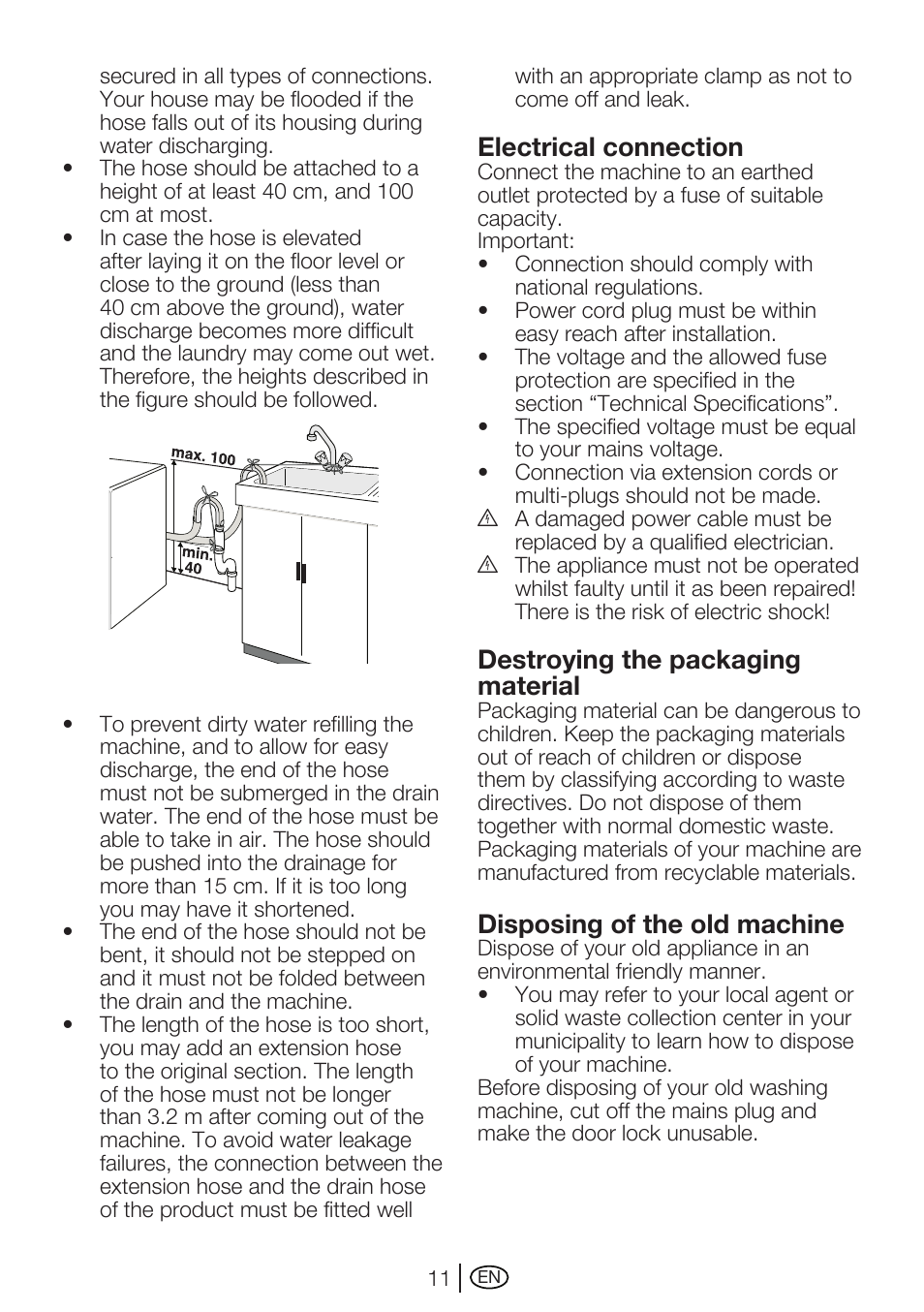 Electrical connection, Destroying the packaging material, Disposing of the old machine | Beko WMA 747 W User Manual | Page 11 / 36