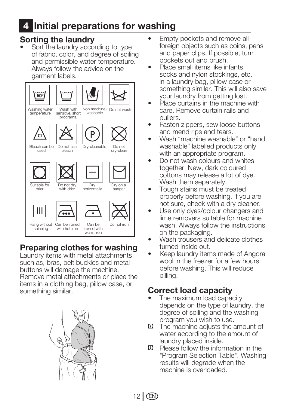 4initial preparations for washing, Sorting the laundry, Preparing clothes for washing | Correct load capacity | Beko WMA 747 W User Manual | Page 12 / 36