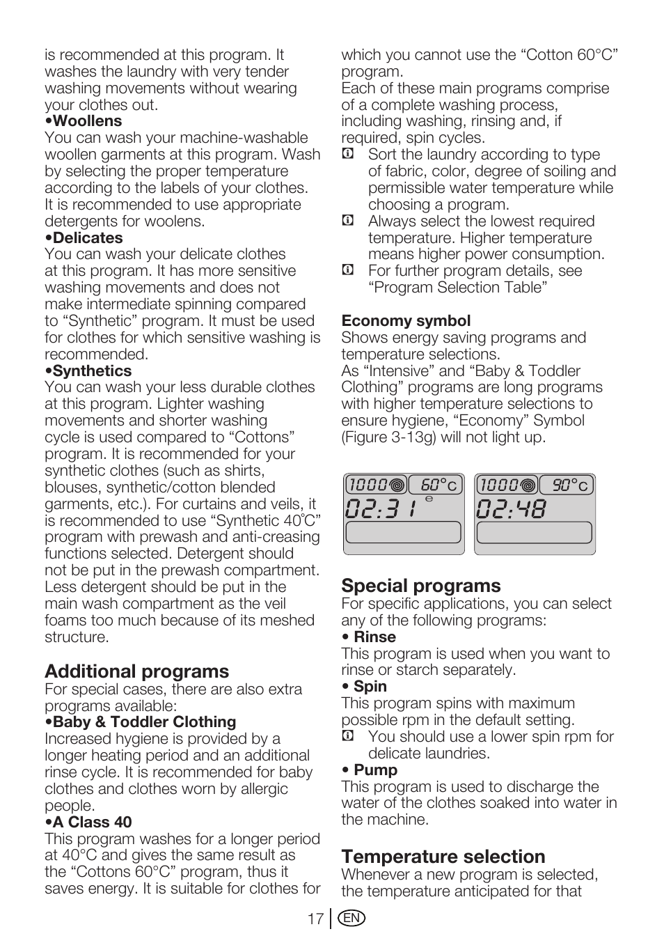 Additional programs, Special programs, Temperature selection | Beko WMA 747 W User Manual | Page 17 / 36