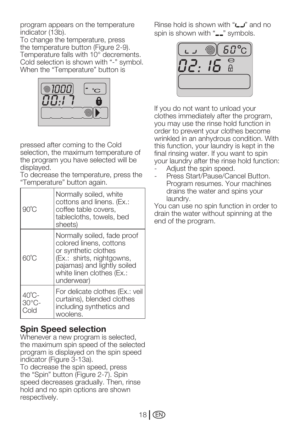 Spin speed selection | Beko WMA 747 W User Manual | Page 18 / 36