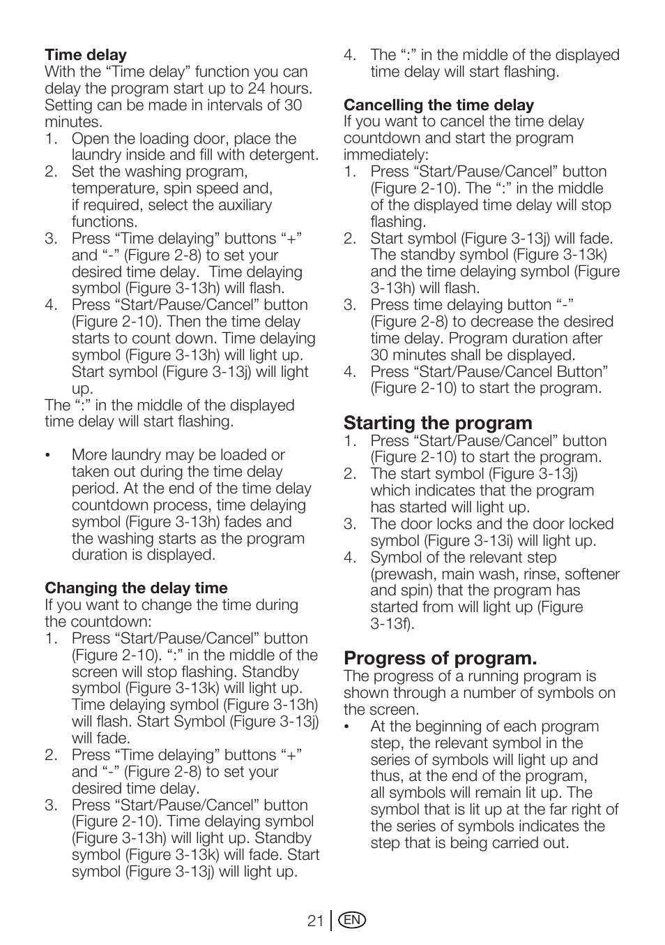 Starting the program, Progress of program | Beko WMA 747 W User Manual | Page 21 / 36