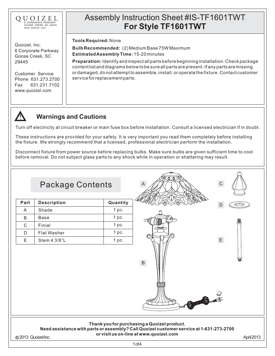 Quoizel TF1601TWT Tiffany User Manual | 4 pages