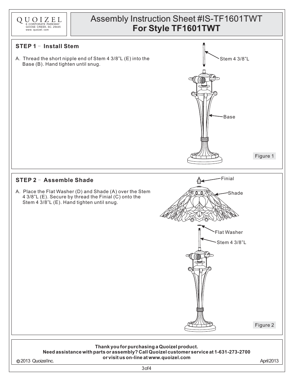 Quoizel TF1601TWT Tiffany User Manual | Page 3 / 4