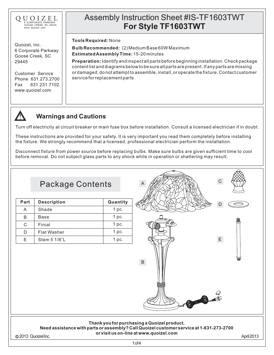 Quoizel TF1603TWT Tiffany User Manual | 4 pages