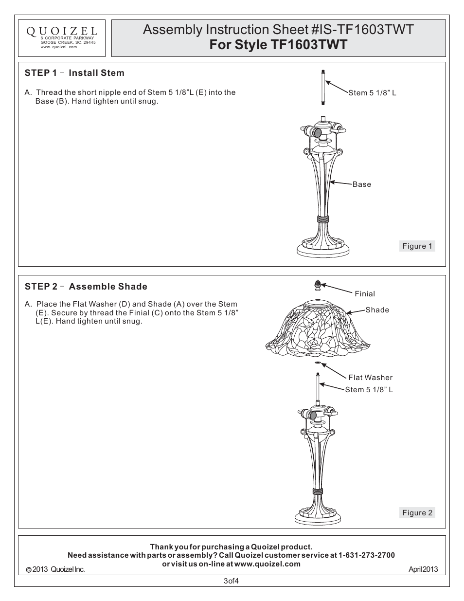 Quoizel TF1603TWT Tiffany User Manual | Page 3 / 4