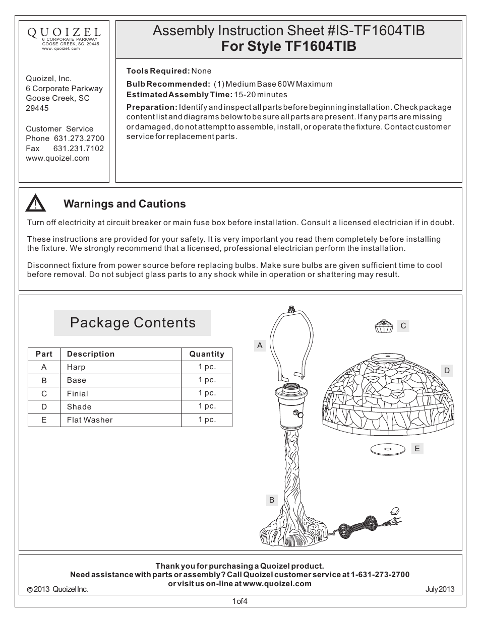 Quoizel TF1604TIB Tiffany User Manual | 4 pages