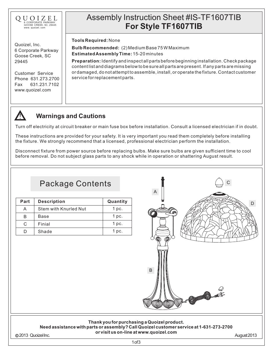 Quoizel TF1607TIB Tiffany User Manual | 3 pages