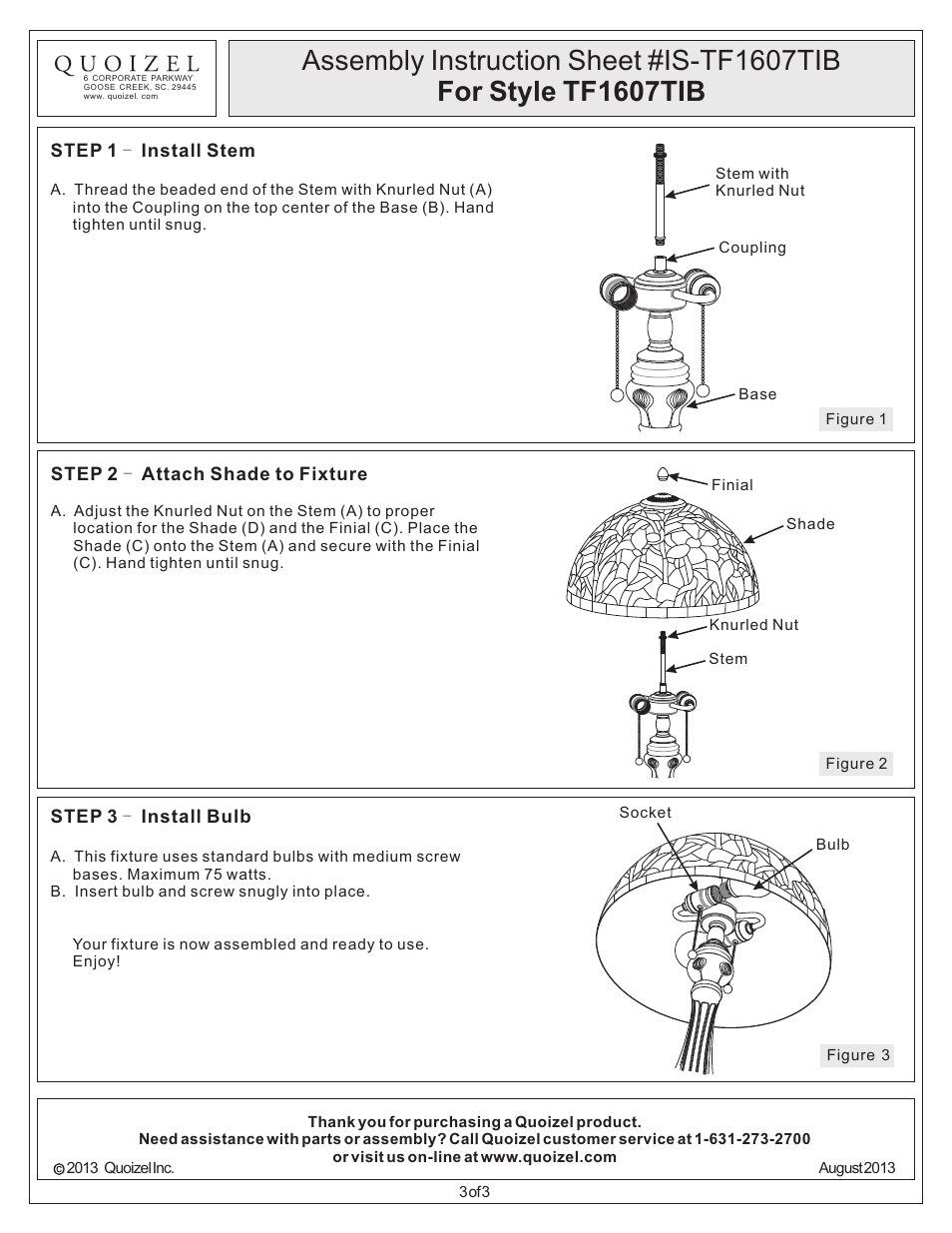 Quoizel TF1607TIB Tiffany User Manual | Page 3 / 3