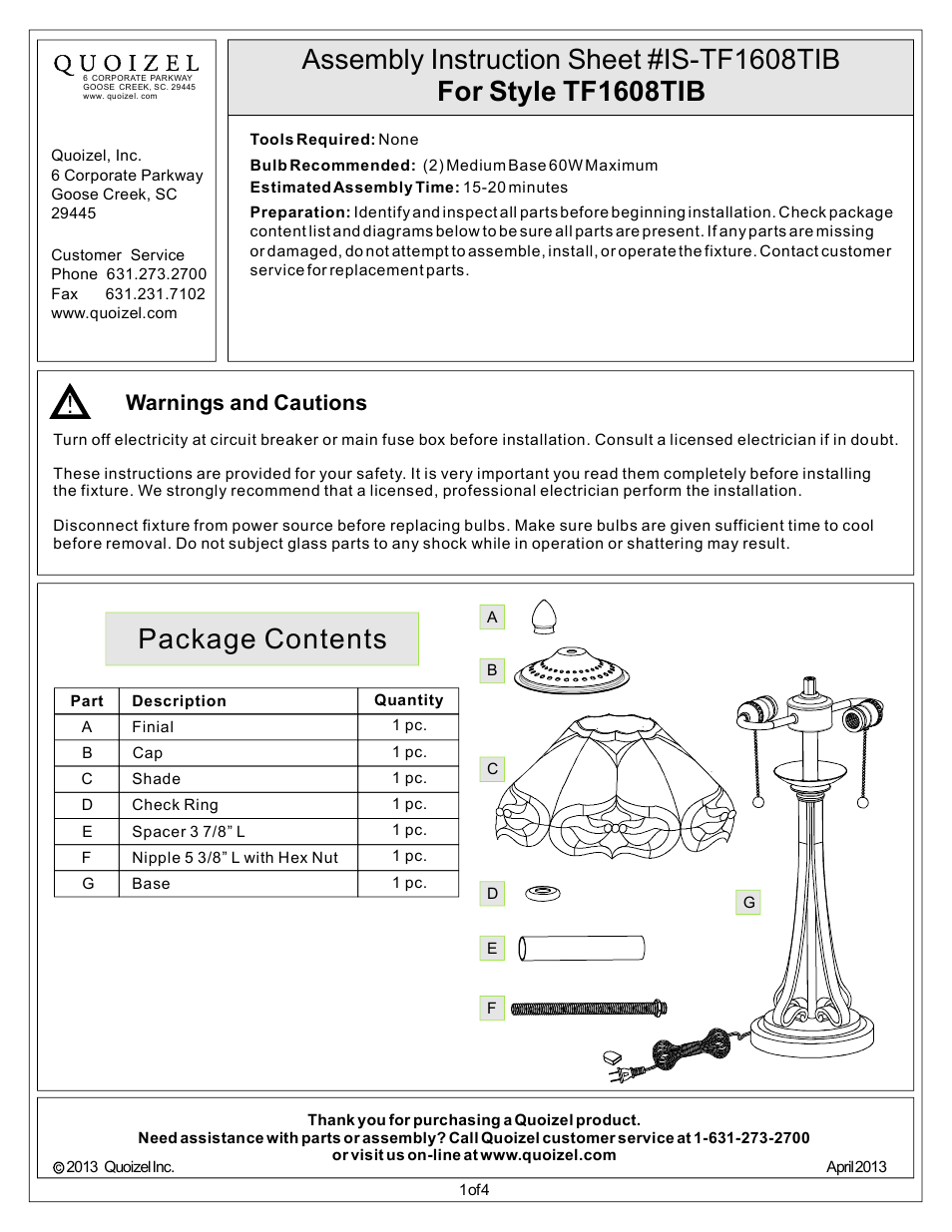 Quoizel TF1608TIB Tiffany User Manual | 4 pages