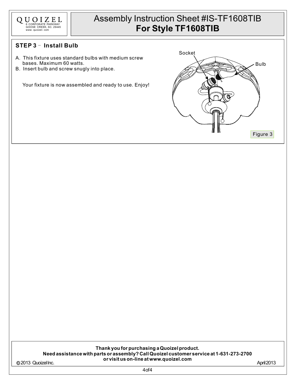 Quoizel TF1608TIB Tiffany User Manual | Page 4 / 4