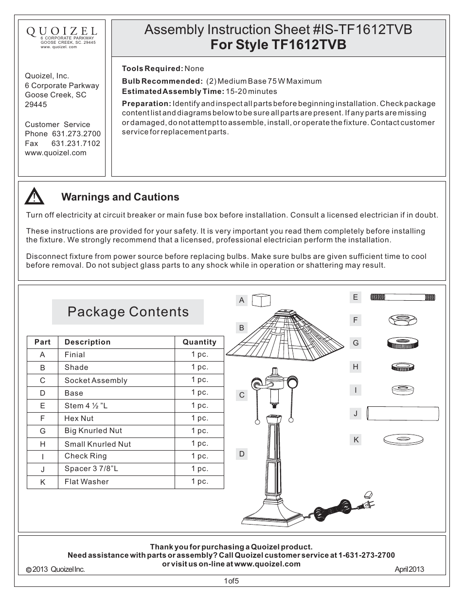 Quoizel TF1612TVB Tiffany User Manual | 5 pages