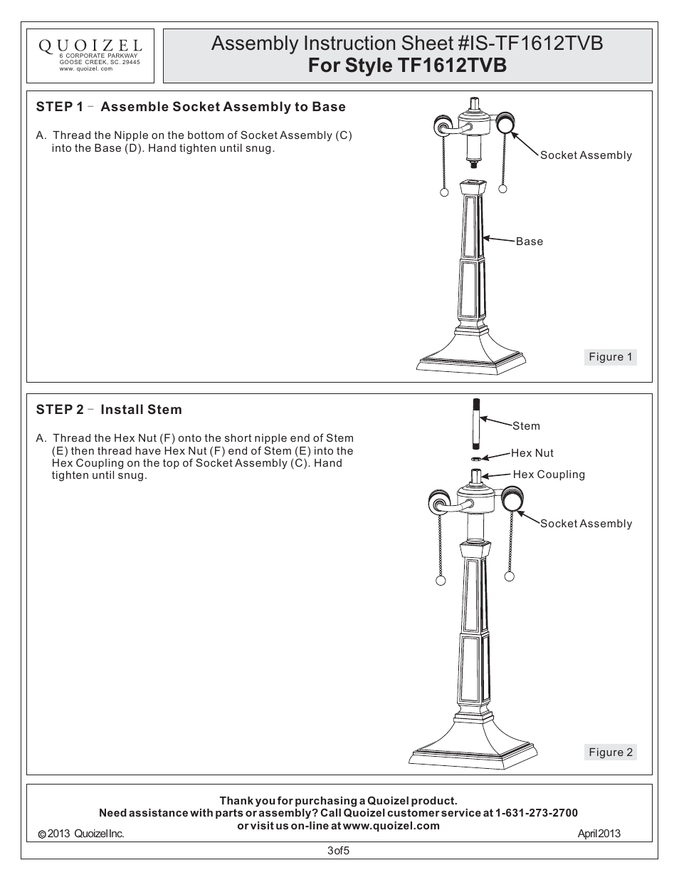 Quoizel TF1612TVB Tiffany User Manual | Page 3 / 5