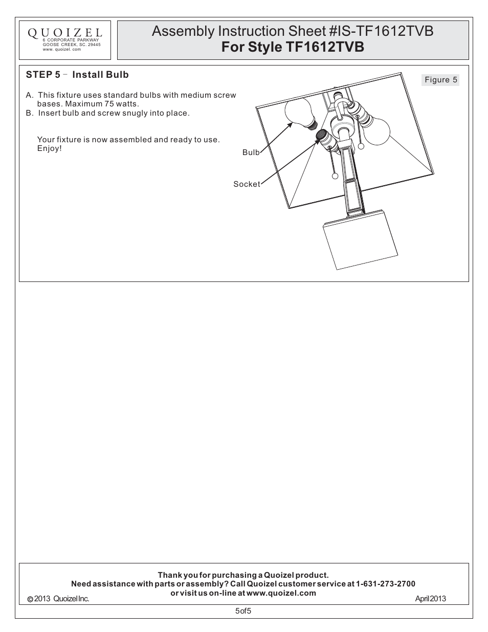 Quoizel TF1612TVB Tiffany User Manual | Page 5 / 5