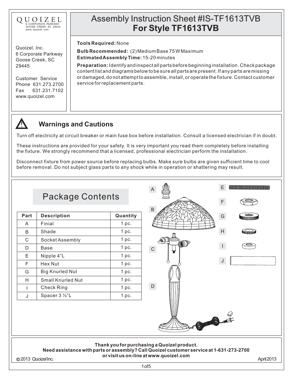 Quoizel TF1613TVB Tiffany User Manual | 5 pages