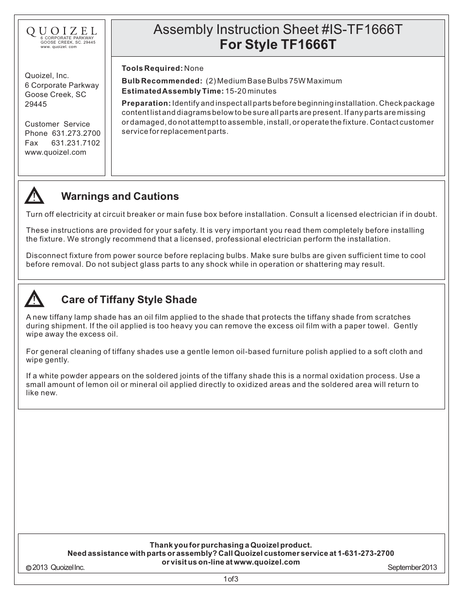 Quoizel TF1666T Tiffany User Manual | 3 pages