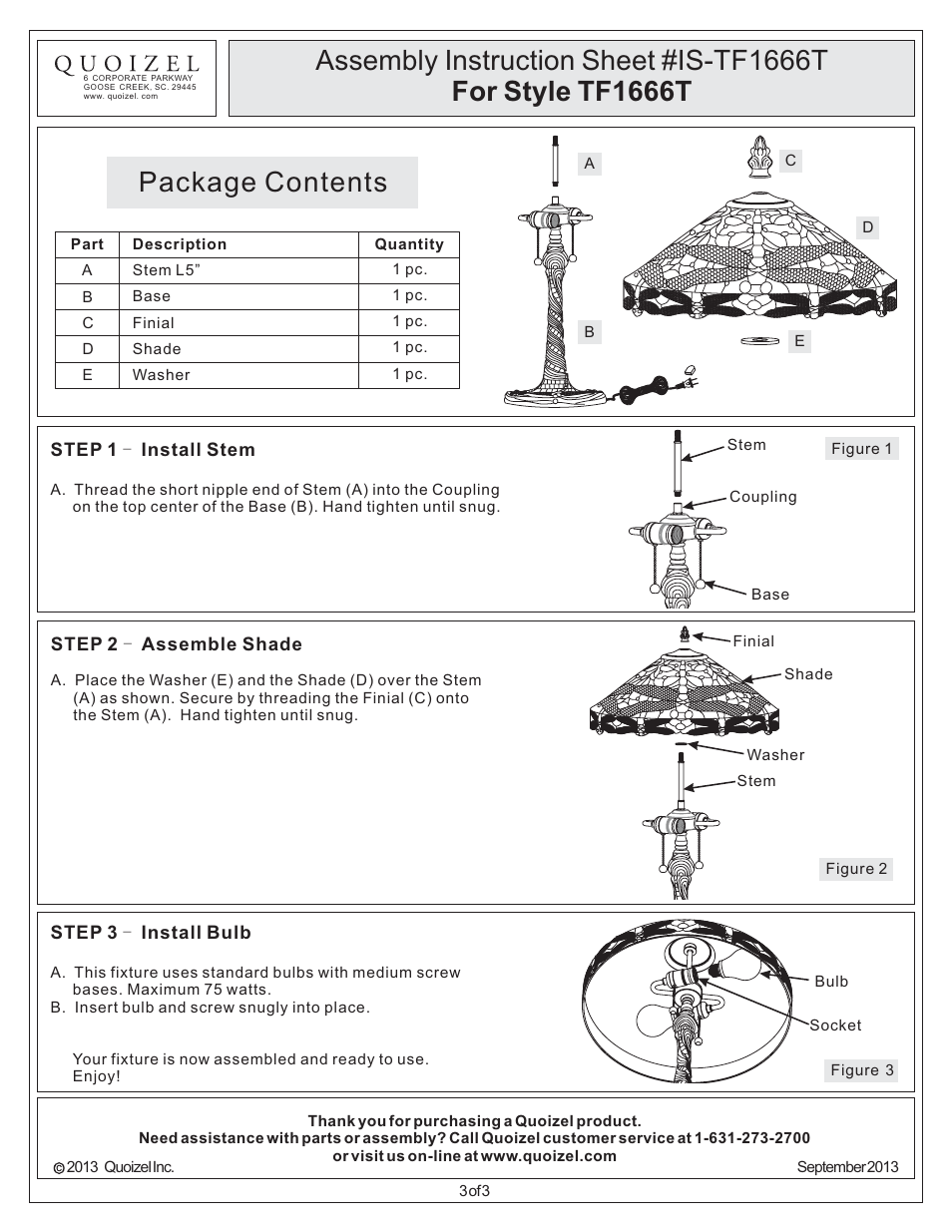 Package contents | Quoizel TF1666T Tiffany User Manual | Page 3 / 3