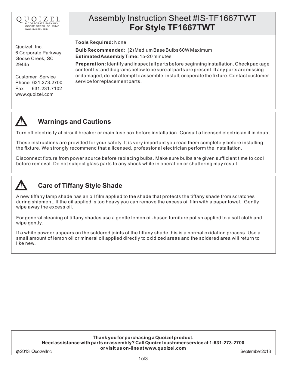 Quoizel TF1667TWT Tiffany User Manual | 3 pages