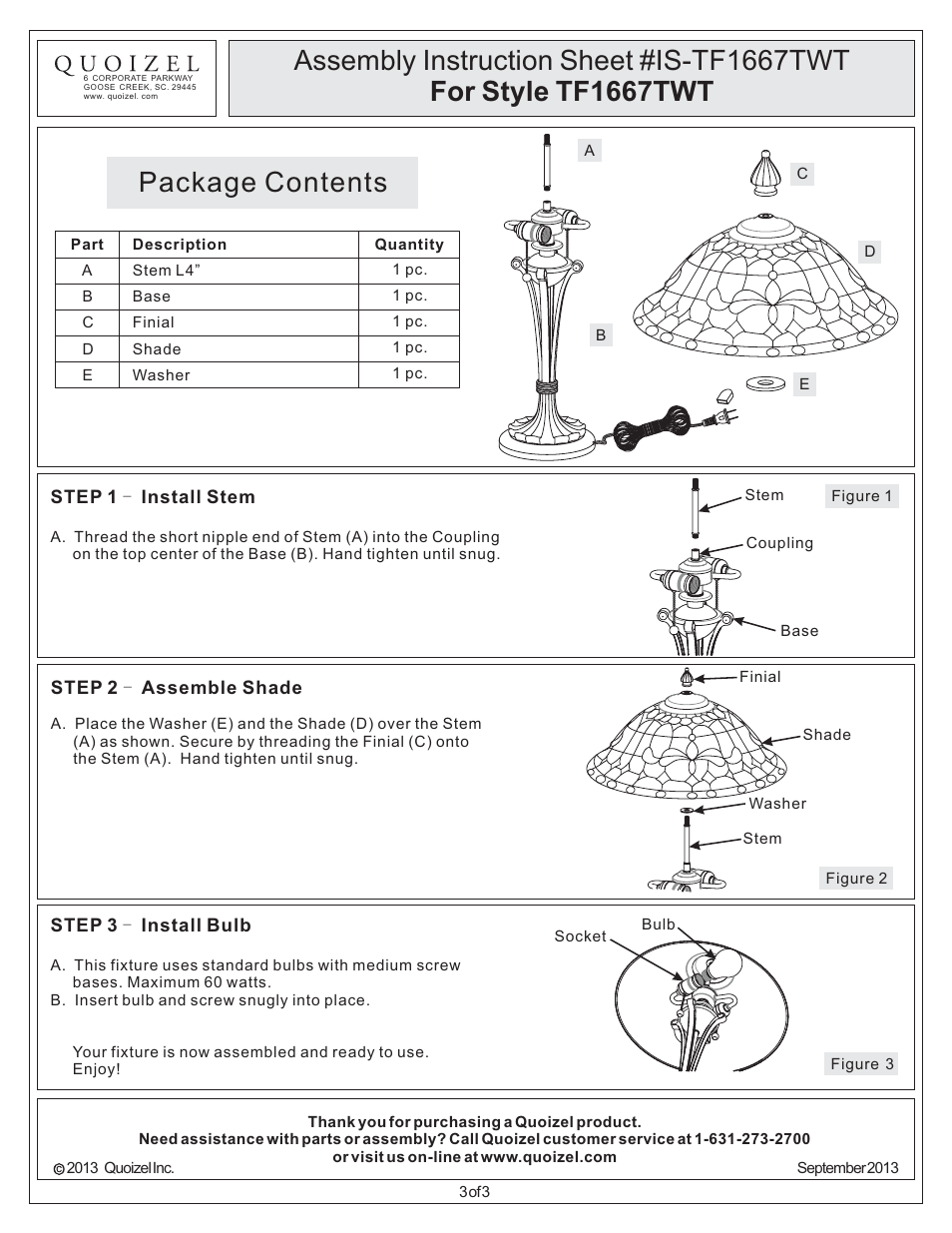 Package contents | Quoizel TF1667TWT Tiffany User Manual | Page 3 / 3