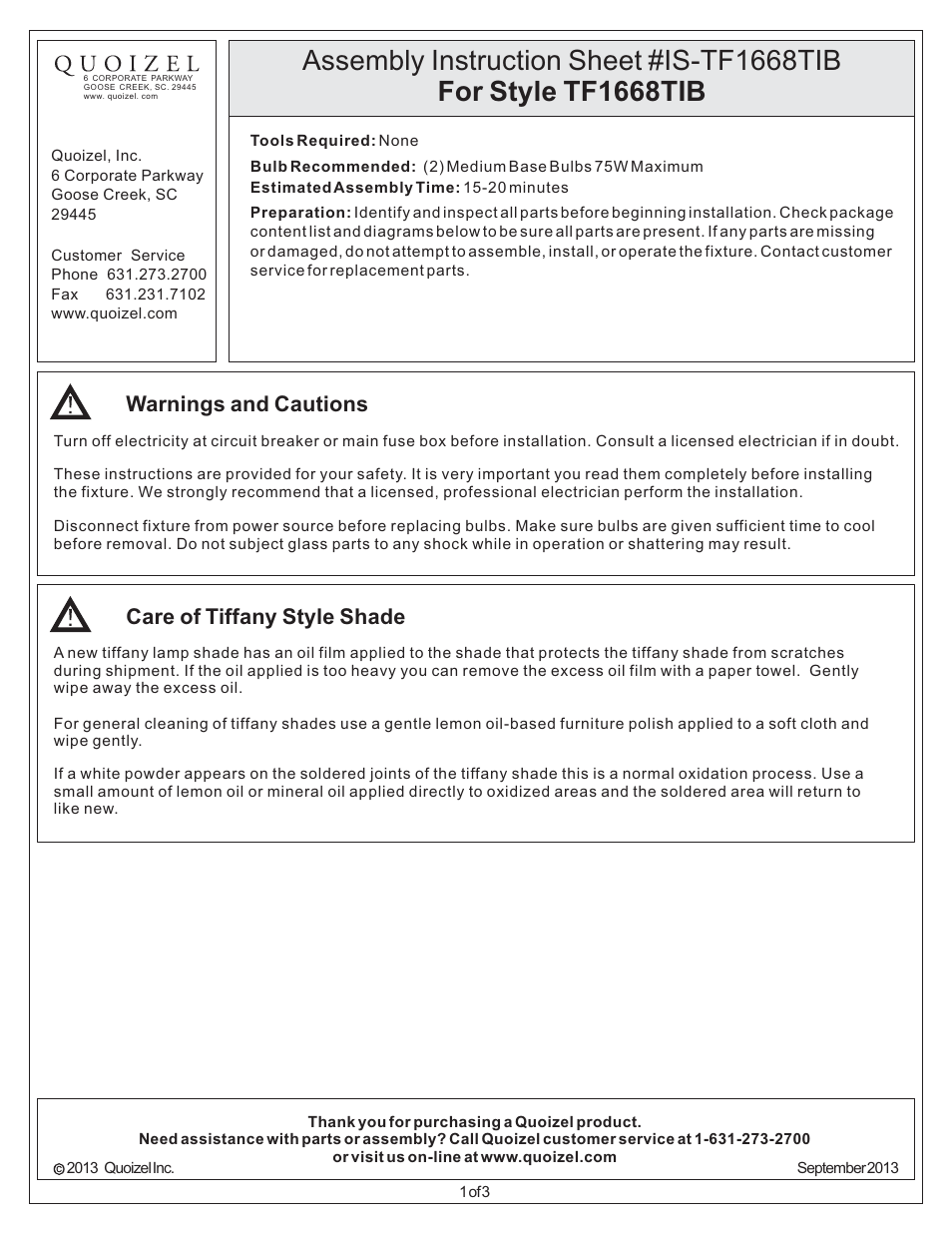 Quoizel TF1668TIB Tiffany User Manual | 3 pages