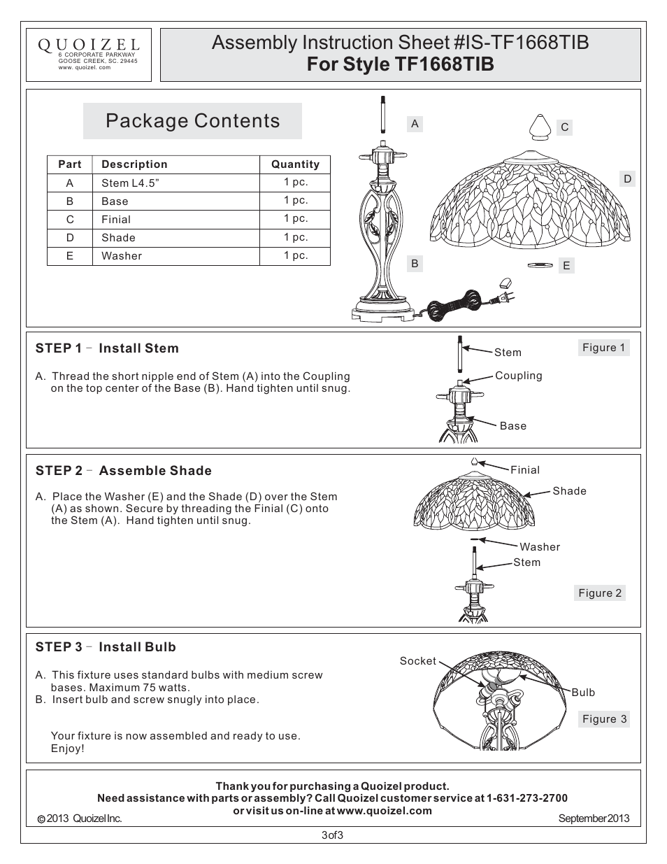 Package contents | Quoizel TF1668TIB Tiffany User Manual | Page 3 / 3