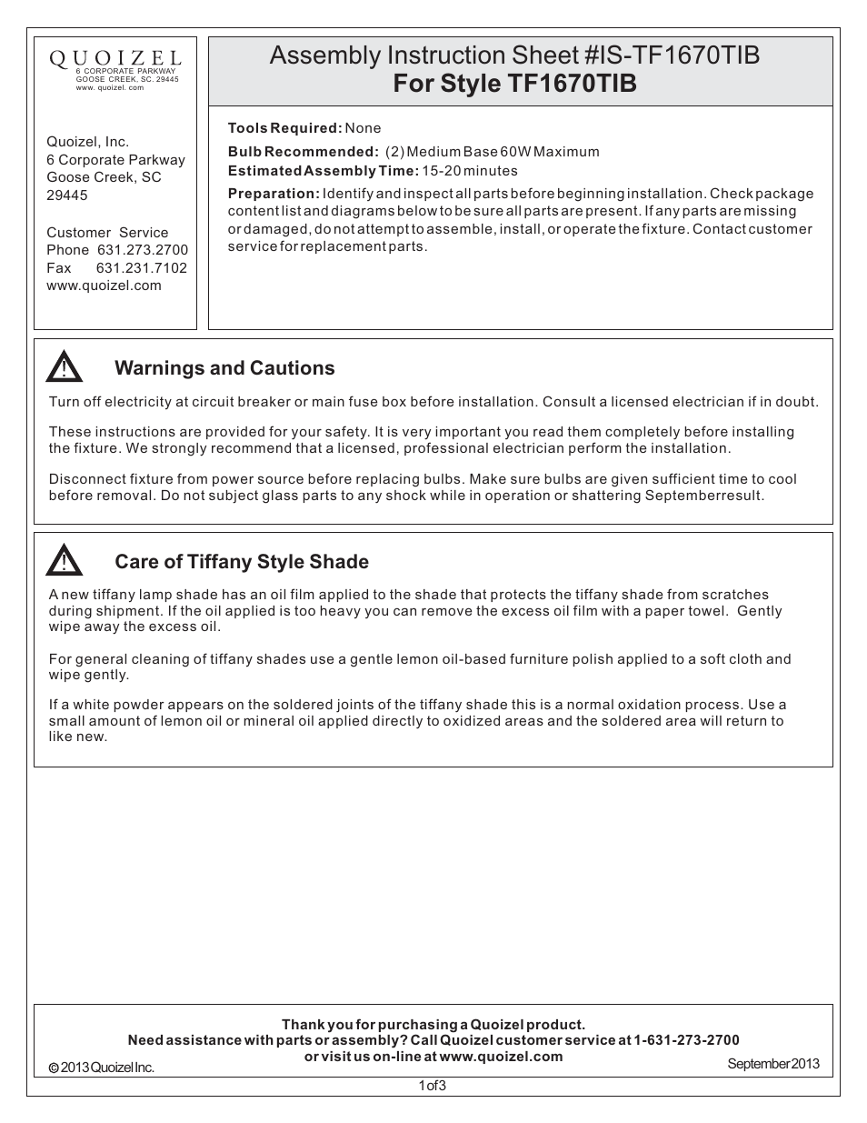 Quoizel TF1670TIB Tiffany User Manual | 3 pages