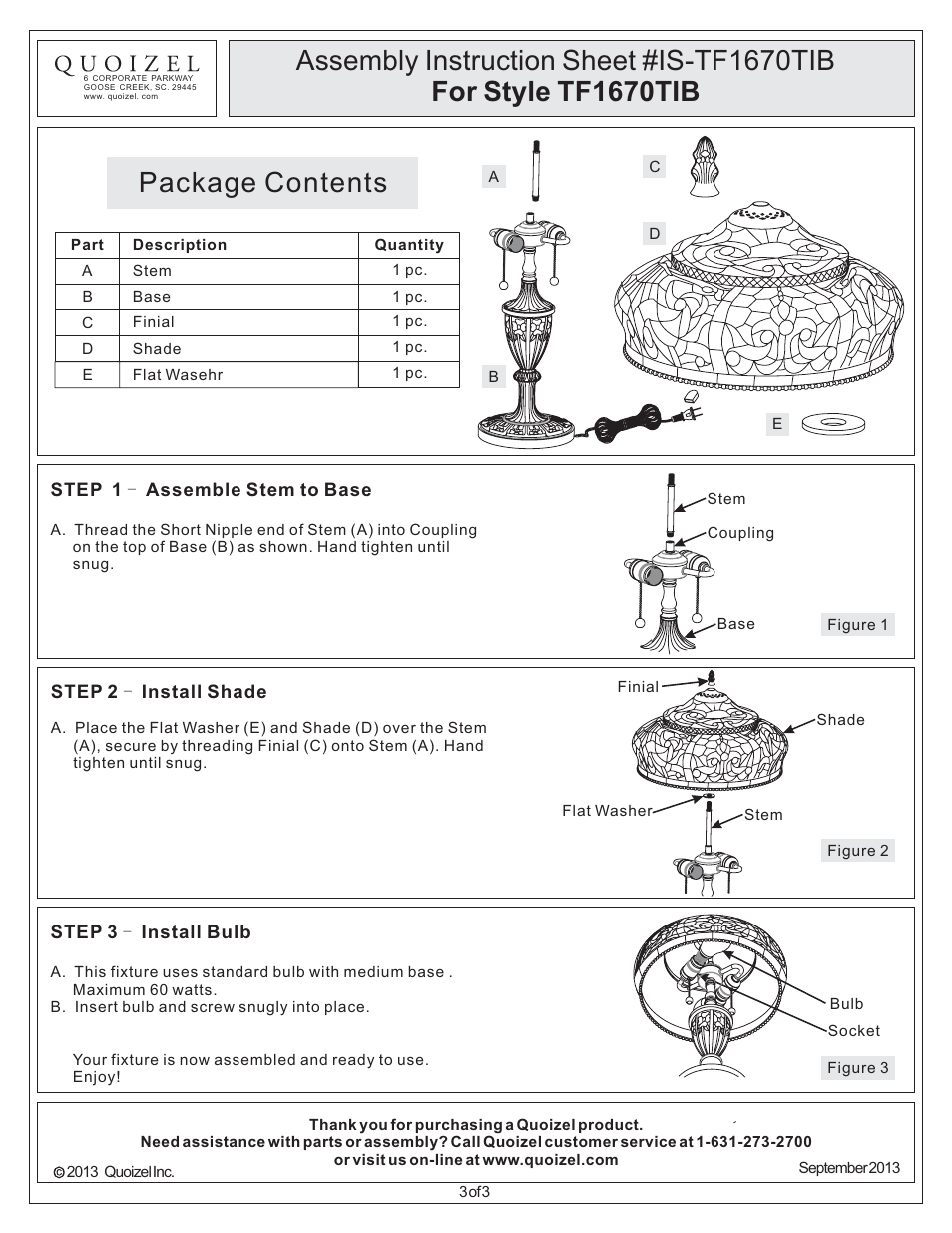 Package contents | Quoizel TF1670TIB Tiffany User Manual | Page 3 / 3