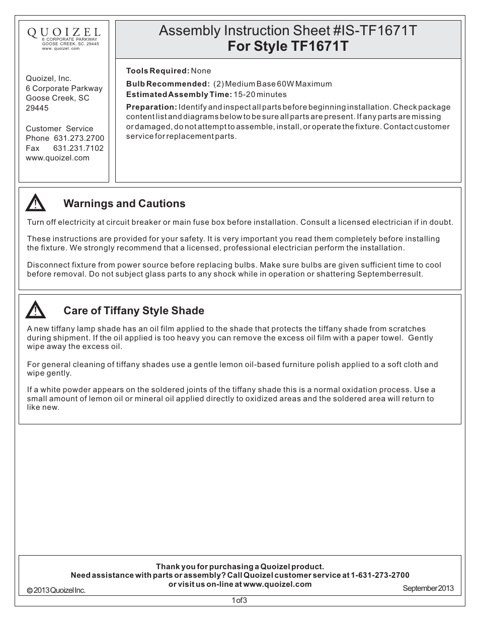 Quoizel TF1671T Tiffany User Manual | 3 pages