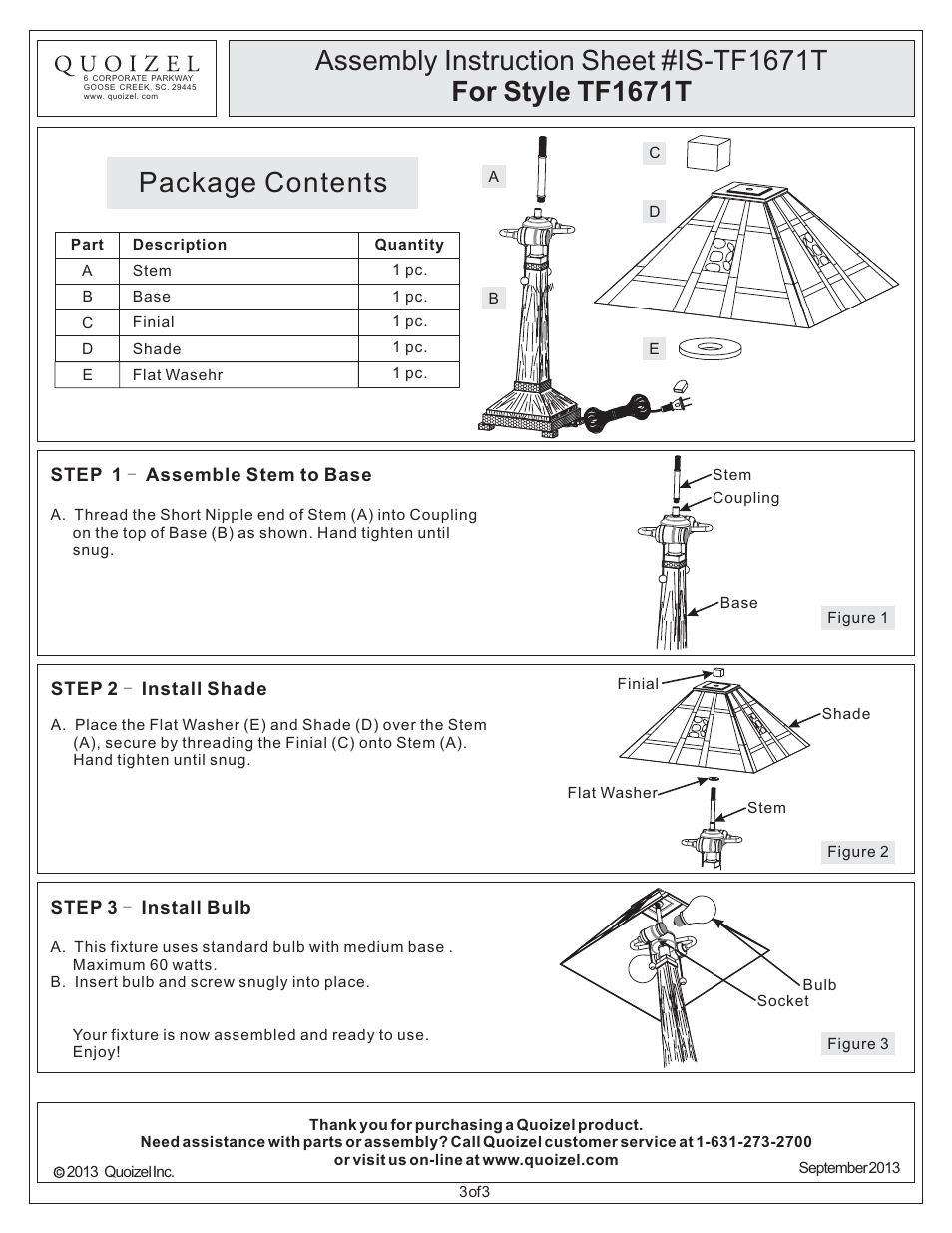 Package contents | Quoizel TF1671T Tiffany User Manual | Page 3 / 3