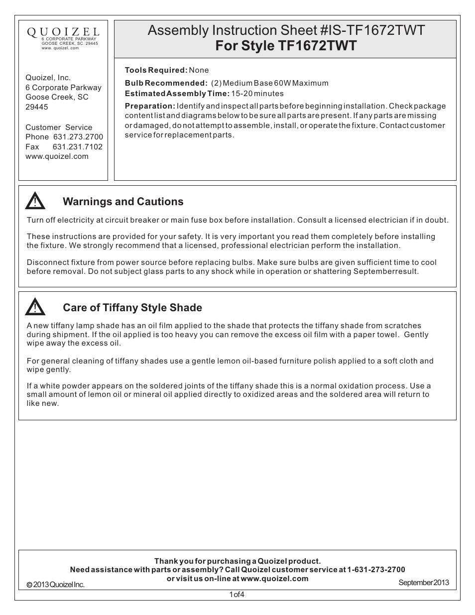 Quoizel TF1672TWT Tiffany User Manual | 4 pages