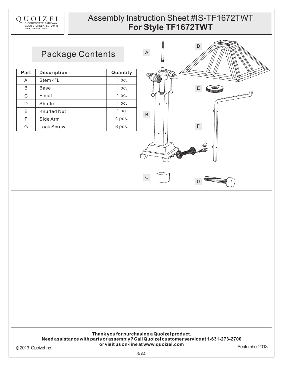 Package contents | Quoizel TF1672TWT Tiffany User Manual | Page 3 / 4
