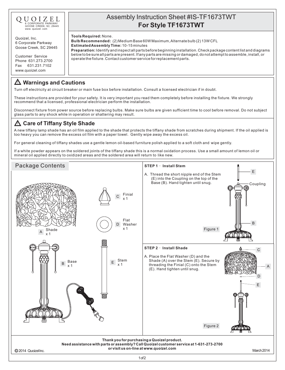 Quoizel TF1673TWT Tiffany User Manual | 2 pages