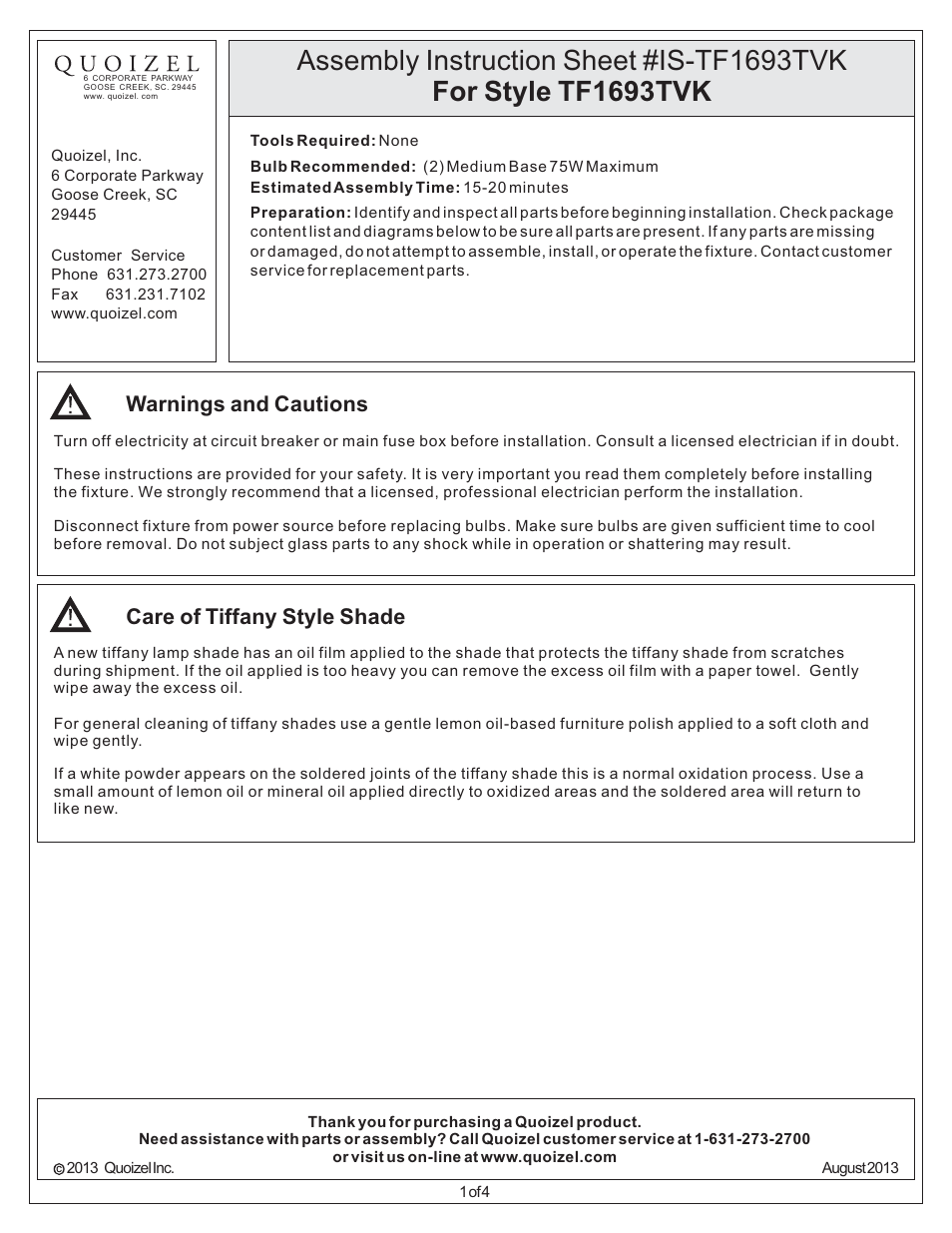 Quoizel TF1693TVK Tiffany User Manual | 4 pages