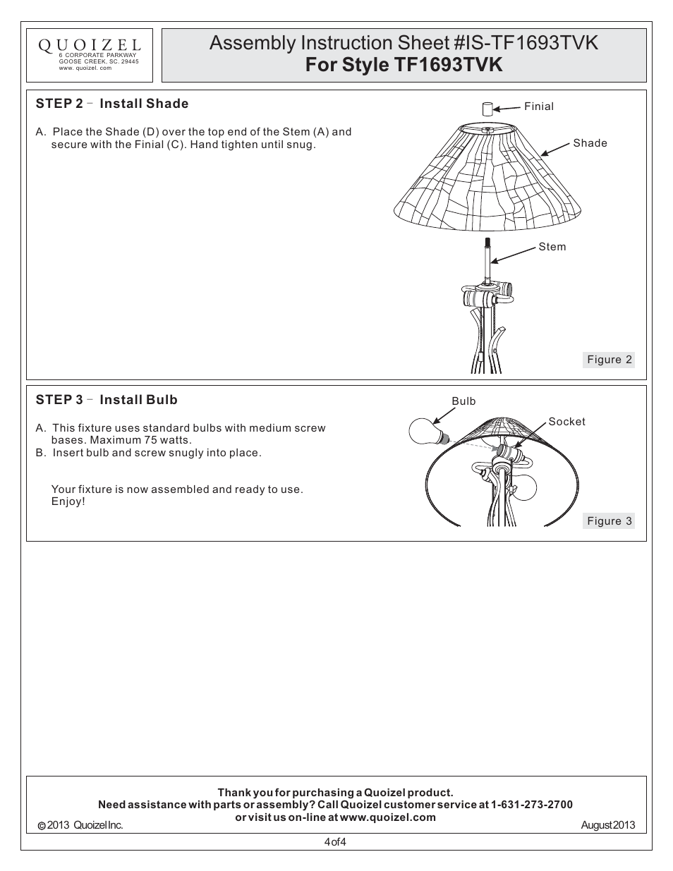 Quoizel TF1693TVK Tiffany User Manual | Page 4 / 4