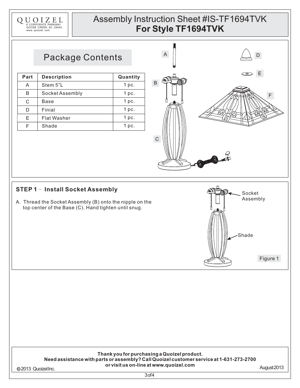 Package contents | Quoizel TF1694TVK Tiffany User Manual | Page 3 / 4