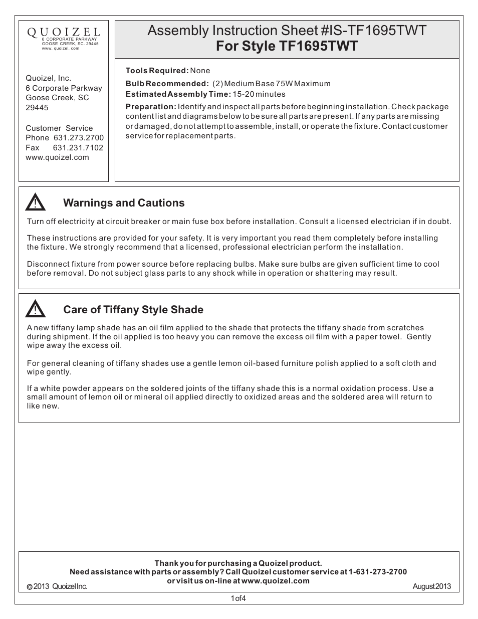 Quoizel TF1695TWT Tiffany User Manual | 4 pages