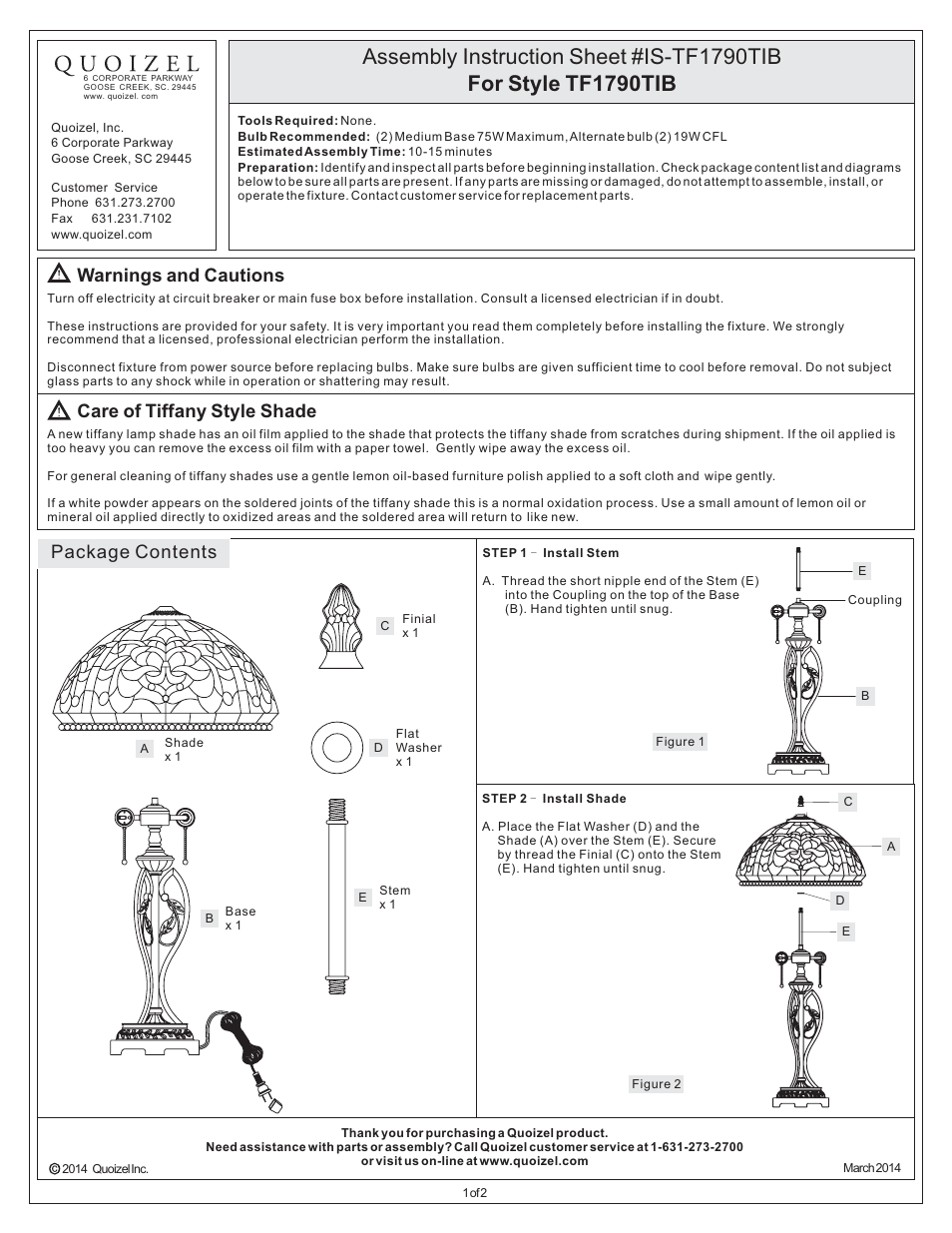 Quoizel TF1790TIB Tiffany User Manual | 2 pages