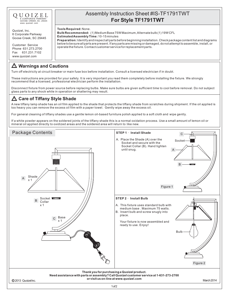 Quoizel TF1791TWT Tiffany User Manual | 2 pages