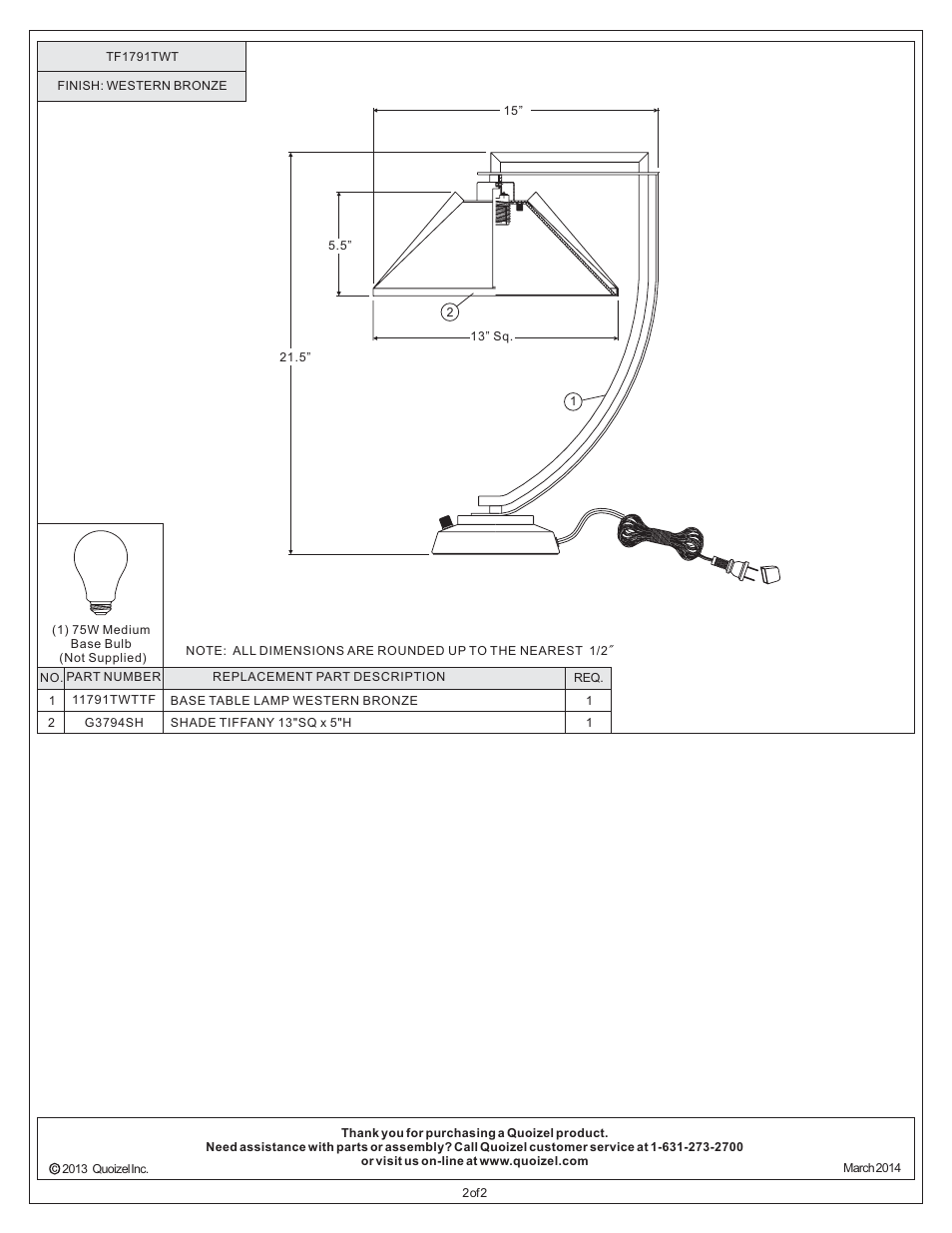 Quoizel TF1791TWT Tiffany User Manual | Page 2 / 2