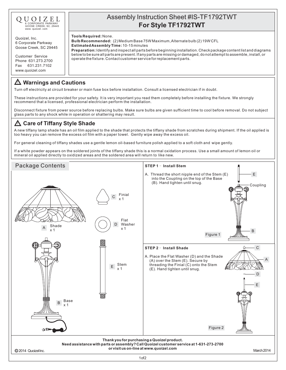 Quoizel TF1792TWT Tiffany User Manual | 2 pages