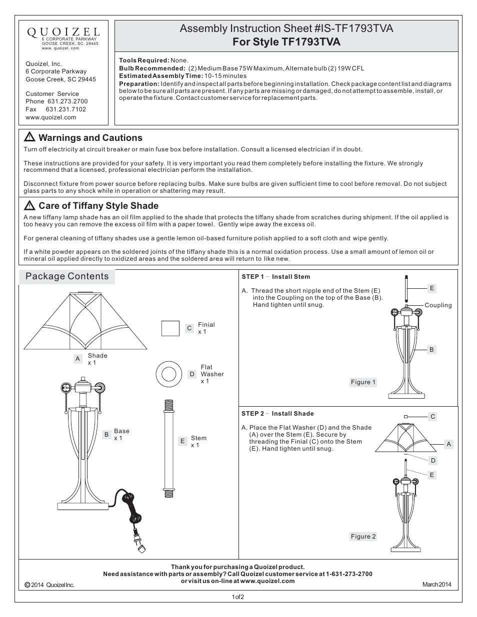 Quoizel TF1793TVA Tiffany User Manual | 2 pages