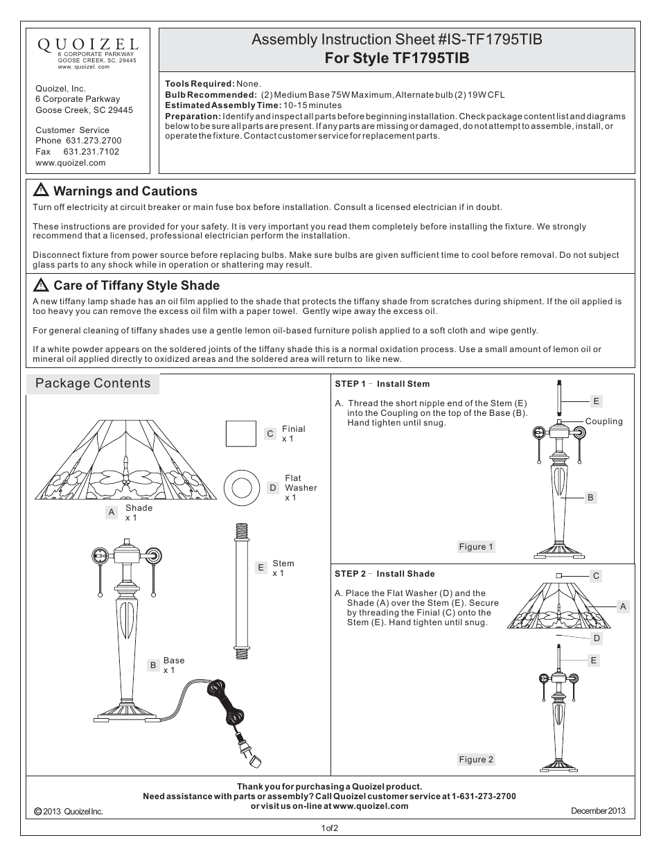 Quoizel TF1795TIB Tiffany User Manual | 2 pages