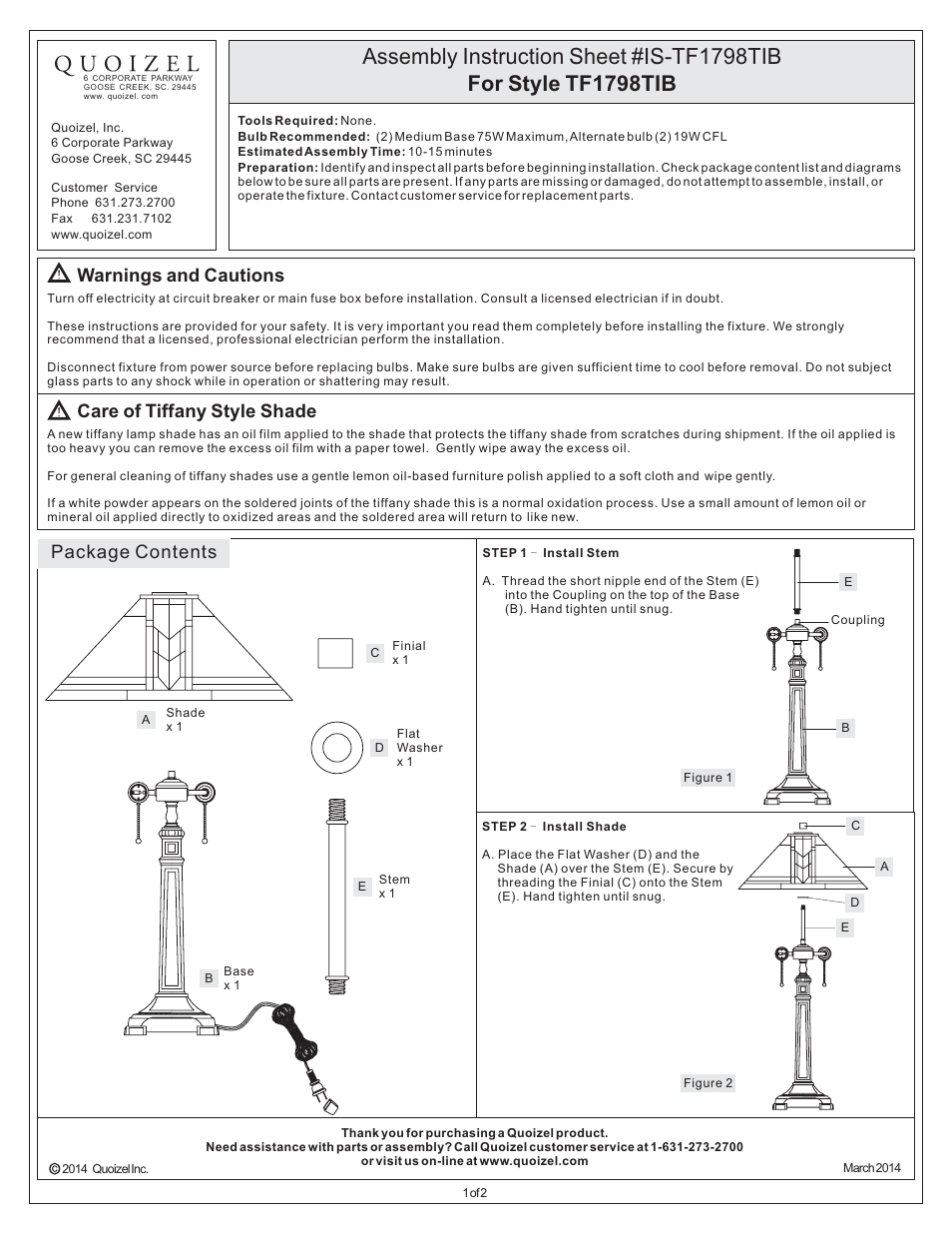 Quoizel TF1798TIB Tiffany User Manual | 2 pages