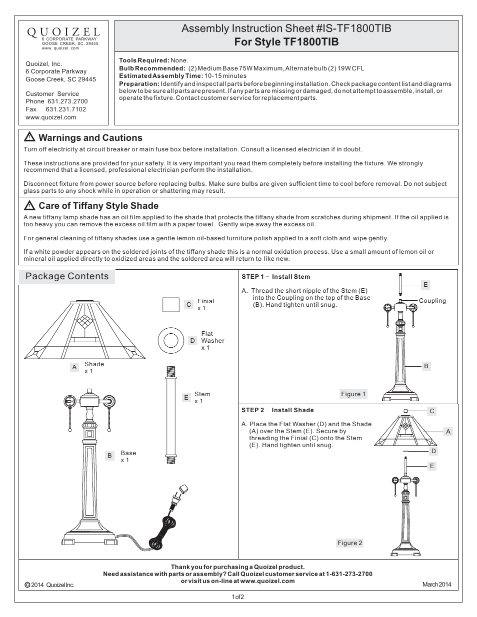 Quoizel TF1800TIB Tiffany User Manual | 2 pages