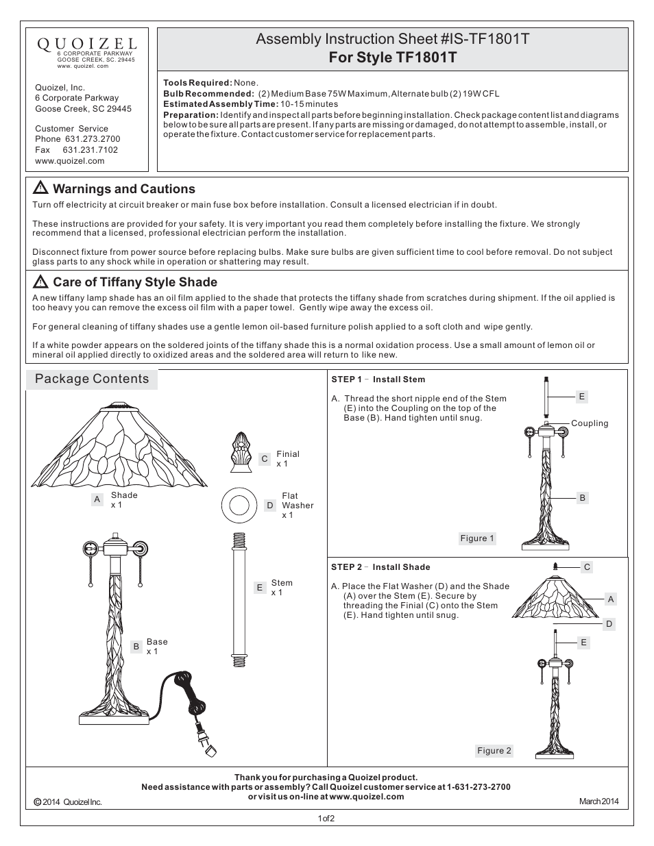 Quoizel TF1801T Tiffany User Manual | 2 pages