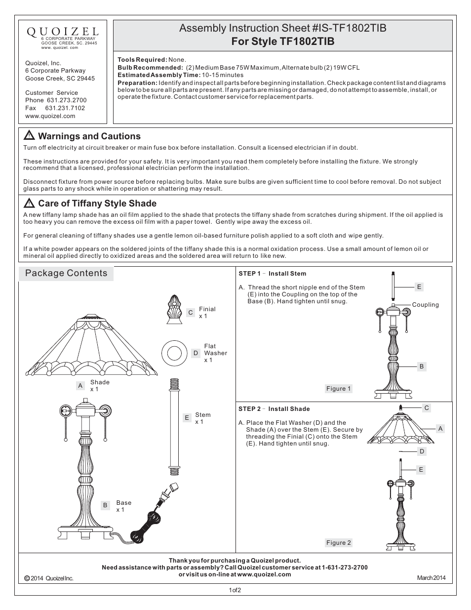 Quoizel TF1802TIB Tiffany User Manual | 2 pages