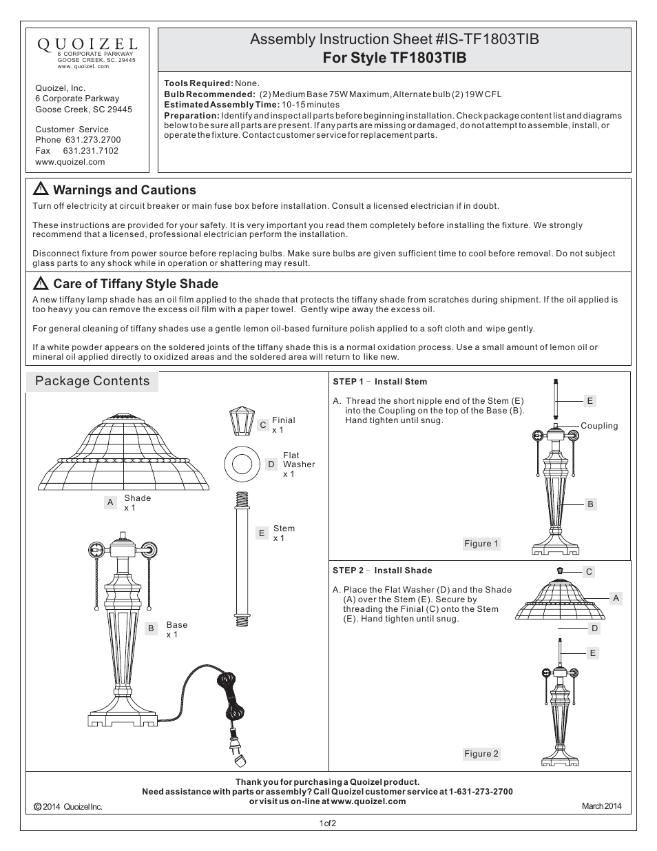 Quoizel TF1803TIB Tiffany User Manual | 2 pages