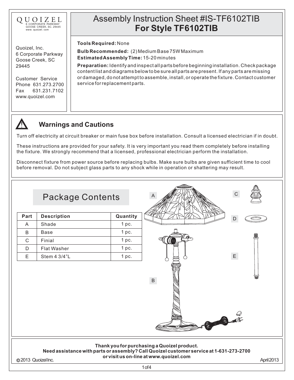 Quoizel TF6102TIB Tiffany User Manual | 4 pages